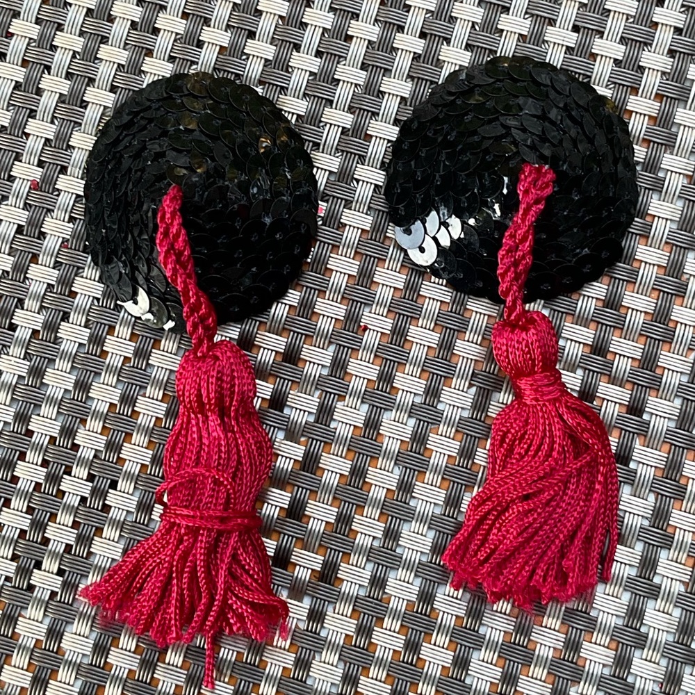 Handmade black sequins pasties red tassels nipple covers burlesque showg…